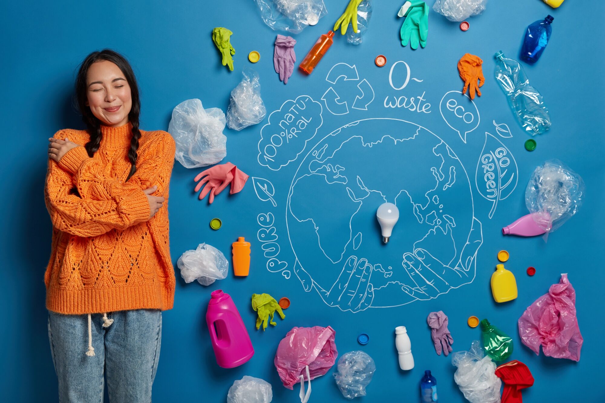 Woman hugging herself in support of a plastic free world